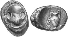 ANCIENT COINS GREEK COINAGE Boeotia Thebes. No.: 4141 Schätzwert/Estimate: CHF 250.- d=24 mm Stater 395/387. Boeotian shield. Rev. Amphora between Q - E, bow on l. 11,47 g. SNG Cop. 305. Somewhat elon
