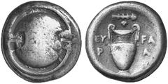 ANCIENT COINS GREEK COINAGE Boeotia Thebes. No.: 4145 Schätzwert/Estimate: CHF 200.- d=22 mm Stater 379/338. Boeotian shield. Rev. Amphora between EY-FA / P-A and club above. 11,96 g. SNG Cop. -. Almo
