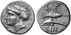 ANCIENT COINS GREEK COINAGE Paphlagonia Sinope. No.: 4170 Schätzwert/Estimate: CHF 350.- d=19 mm Drachm 5th/4th century. Head of Nymph Sinope l., aplustre in front. Rev. Sea-eagle over dolphin, AGPE a