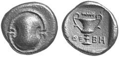 THE LAKEVIEW COLLECTION OF ANCIENT COINS GREEK COINAGE Boeotia Thebes. No.: 5525 Schätzwert/Estimate: CHF 100.- d=14 mm Triobol 426/395. Boeotian shield. Rev. Amphora. 2,53 g. SNG Cop. 290. Very fine.