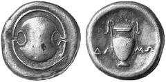 THE LAKEVIEW COLLECTION OF ANCIENT COINS GREEK COINAGE Boeotia Thebes. No.: 5528 Schätzwert/Estimate: CHF 250.- d=24 mm Stater 379/338. Boeotian shield. Amphora between DA - MW. 11,984 g. SNG Cop. 325