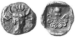 THE LAKEVIEW COLLECTION OF ANCIENT COINS GREEK COINAGE Euboea Eretria. No.: 5540 Schätzwert/Estimate: CHF 100.- d=9 mm Obol 511/490. Steer head. Rev. Octopus. 0,34 g. SNG Cop. 473. Very fine.