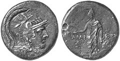 THE LAKEVIEW COLLECTION OF ANCIENT COINS GREEK COINAGE Pontus Amisus. No.: 5614 Schätzwert/Estimate: CHF 100.- d=30 mm Time of Mithradates Eupator, 120-63. Aes. Head of Athena r. in helmet decorated w