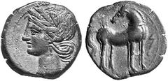 Ancient Coins from other Consignments GREEK COINAGE Islands of Sicily Sardinia. No.: 4241 Schätzwert/Estimation: CHF 150.- Punic Coinage. Aes. Head of Tanit with wreath of corn-ears to l. Rev. Horse t
