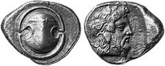 Ancient Coins from other Consignments GREEK COINAGE Boeotia No.: 4306 Schätzwert/Estimation: CHF 500.- Thebes. Stater 426/395. Boeotian shield on which club. Rev. Head of Dionysus with ivy wreath to r