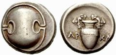 GREEK COINAGE Boeotia No.: 132 Schätzwert/Estimation: CHF 400.- Thebes. Stater 395/355. Boeotian shield. Rev. Volute krater with ivy leaves on handles. AP - XA to the sides. 12,21 g. SNG Cop. 318 var.