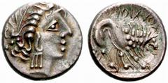 CELTIC COINAGE Cisalpine Gaul No.: 6 Schätzwert/Estimation: CHF 150.- Insubri. Drachm 2nd-1st century. Imitation of the Massalia drachms. Head of Artemis to r. Rev. Scorpion-like lion to r. 1,61 g. De