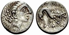 CELTIC COINAGE Cisalpine Gaul No.: 8 Schätzwert/Estimation: CHF 100.- Insubri. Drachm 2nd-1st century. Imitation of the Massalia drachms. Head of Artemis to r. Rev. Scorpion-like lion to r. 2,37 g. De