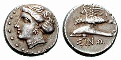 ANCIENT COINAGE GREEK COINS Paphlagonia No.: 5480 Schätzwert/Estimate: CHF 200.- Sinope. Drachm 360/320. Head of Nymph Sinope to l. Rev. Eagle to l. above dolphin. SINW below. 5,15 g. SNG Cop. 284. Al