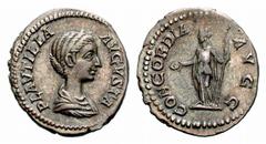 ANCIENT COINAGE ROMAN EMPIRE Caracalla, 198-217. No.: 5575 Schätzwert/Estimate: CHF 150.- For Plautilla. Denarius 202/205, Rome. PLAVTILLA – AVGVSTA Draped bust to r., hair firmly waved. Rev. CONCORDI