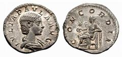 ANCIENT COINAGE ROMAN EMPIRE Elagabalus, 218-222. No.: 5581 Schätzwert/Estimate: CHF 300.- For Julia Paula. Denarius 219/220, Rome. IVLIA PAVLA AVG Draped bust to r. Rev. CONCORDIA Concordia seated to