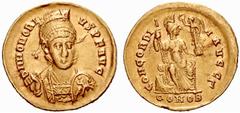 ANCIENT COINS ROME Honorius, 393-423. No.: 673 Schätzwert/Estimate: CHF 350.- Honorius, 393-423. Solidus 395/402, Constantinopolis. Officina G. Helmeted, cuirassed bust facing with spear and shield. R