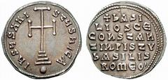 ANCIENT COINS BYZANTINE EMPIRE ... Basil I, 867-886, with Constantine. No.: 741 Schätzwert/Estimate: CHF 100.- Basil I, 867-886, with Constantine. Miliaresion 868/879, Cross potent on three steps abov