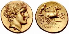 THE GREEKS / GRIECHEN Kings of Macedonia / Könige von Makedonien No.: 204 Schätzwert/Estimate: CHF 15000 Philip II, 359-336 Gold stater 323/315 or later. Pella or eastern mint. Obv. Head of Apollo to 
