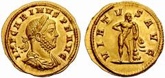 ROMAN GOLD COINS The Empire No.: 1104 Schätzwert/Estimate: CHF 25000 Carinus, 283-285. Emperor Aureus 285, Rome. Obv. IMP CARINVS P F AVG Draped and cuirassed bust, laureate, to r. Rev. VIRTV – S AVG 