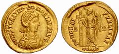 ROMAN GOLD COINS The Empire No.: 1139 Schätzwert/Estimate: CHF 25000 Honoria Empress, sister of Valentinian III Solidus ca. 430/445, Ravenna. Obv. D N IVST GRAT HO – NORIA P F AVG Draped bust with pea
