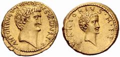 ANCIENT COINAGE SPECIAL COLLECTION OF ROMAN IMPERATORS AND EMPERORS ROMAN REPUBLIC Marcus Antonius with Marcus Antonius the Younger. No.: 1207 Schätzwert/Estimate: CHF 100000 Aureus 34, military mint 