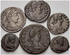 ANCIENT COINAGE SPECIAL COLLECTION OF ROMAN IMPERATORS AND EMPERORS ROMAN EMPIRE Arcadius, 383 – 408. No.: 2009 Schätzwert/Estimate: CHF 200.- Lot of 6. Reduced Siliqua. Valentinianus II. Small Bronze