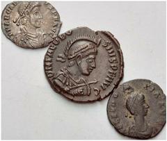 ANCIENT COINAGE SPECIAL COLLECTION OF ROMAN IMPERATORS AND EMPERORS ROMAN EMPIRE Arcadius, 383 – 408. No.: 2010 Schätzwert/Estimate: CHF 100 Lot of 3. Siliqua. Aelia Eudoxia. Small Bronze. Theodosius 