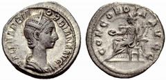 Ancient Coins ROMAN EMPIRE Severus Alexander, 222-235. For Orbiana. No.: 325 Schätzwert/Estimate: CHF 150 Denarius 225/227, Rome. Bust to r. Rev. Concordia seated to l. 3,13 g. RIC 319. C. 1. Good ver