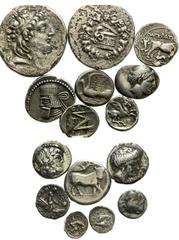Lot 189.  Lot of Fifteen Greek AR Issues. Includes the following: Neapolis Nomos // Achaean League Hemidrachm // Histiaia Tetrobol // Dyrrhachion Drachm (Herakles/Pegasos) // Dyrrhachion Drachm (Cow s