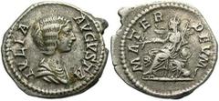 Lot 118.  Julia Domna. Augusta, A.D. 193-217. AR denarius (19 mm, 3.57 g, 12 h). Rome, A.D. 205. IVLIA AVGVSTA, draped bust of Julia Domna right / MATER DEVM, Cybele seated left on throne, holding bra