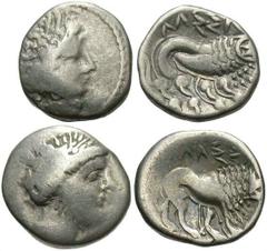 Lot 138.  [Celtic]. Lot of two AR drachms from Gallia Cisalpina. Both coins: Imitating Massalia. 2nd-1st centuries B.C. AR drachm. Head of Artemis or nymph right, wearing triple-pendant earring / MΛΣΣ