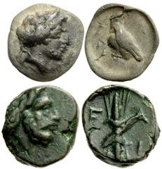 Lot 122.  Lot of Two Issues from Olympia. Includes the following: 106th-107th Olympiad. 356/2 BC. AR Obol. Head of Hera right, wearing stephane / Eagle standing left, head right, wings folded. BCD Oly