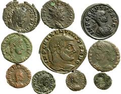 Lot 133.  Lot of Ten Later Roman Æ Issues. Includes the following: Tetricus I. Antoninianus. Victory standing left // Tetricus II. Antoninianus. Spes walking left // Carus. Antoninianus. Virtus standi
