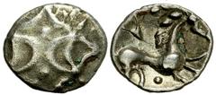 Lot 155.  CELTIC. Iceni. Ecen. Circa 10-43 AD. AR 1/2 Unit (11mm - 0.48 g). Two outline crescents back-to-back; pellets above and below; all within square frame / Horse right with triple tail; three p