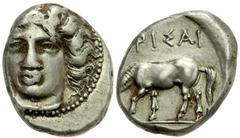 Lot 14.  THESSALY. Larissa. . AR Drachm (15mm - 6.00 g). Head of the nymph Larissa facing slightly left / Horse standing left grazing. Lorber, Early, Head Type 17, 40 (same obverse die); L-S O13/R3 (t