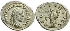 Lot 111.  PHILIP II. 247-249 AD. AR Antoninianus (24mm - 4.45 g). Antioch mint. Struck 249 AD. IMP PHILIPPVS AVG, radiate, draped and cuirassed bust right, seen from behind / AEQVITAS AVGG, Aequitas s