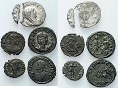 Lot 298.  Lot of 5 late Roman coins: Diva Mariniana; Probus; Theodosius; Julian II; Salonina. Obv: Rev: Condition: See pictures. Mariniana broken. Weight: gm. Diameter: mm. Estimate: US$ 100