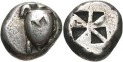 Islands off Attica, Aegina. Ca. 525/0-480 B.C. AR stater (19 mm, 12.21 g). Sea turtle, head in profile, with thick collar and row of dots down its back (obscured by uncertain countermark) / Incuse squ
