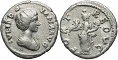 Julia Domna. Augusta, A.D. 193-217. AR denarius (18 mm, 3.64 g, 12 h). Laodicea, A.D. 195. IVLIA DO-MNA AVG, draped bust of Julia Domna right; small dot below bust / FORT REDVC, Fortuna, wearing polos