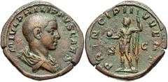 Philip II. As Caesar, A.D. 244-247. Æ sestertius (31 mm, 23.85 g, 12 h). Rome, under Philip I, A.D. 246. M IVL PHILIPPVS CAES, bare-headed and draped bust of Philip II right / PRINCIPI I-VVENT, S-C ac
