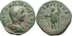 Philip II. As Caesar, A.D. 244-247. Æ sestertius (29 mm, 19.00 g, 12 h). Rome, under Philip I, A.D. 246. M IVL PHILIPPVS CAES, bare-headed and draped bust of Philip II right / [PR]INCIPI I-VVEN[T], S-