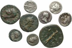 [Roman Republican & Imperial]. Lot of nine AR and Æ. Includes: Republican AR denarii (3 different) // Agrippa. Æ as // Domitian, as Caesar. AR denarius // Trajan. AR denarius (2 coins) // Sabina. Æ as