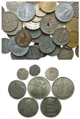 [World]. Lot of fifty-seven miscellaneous coins, medieval to modern. Lot includes a mix European issues. Around 40 or so coins are 20th century, including a few Nazi issues and a couple of Soviet coin