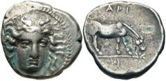 Thessaly, Larissa. Ca. 405/0-370 B.C. AR drachm (19 mm, 6.03 g, 3 h). Head of the nymph Larissa facing slightly right, wearing ampyx / ΛAPI above, horse grazing right, grass under nose. Lorber & Shaha