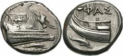 Lycia, Phaselis. 4th century B.C. AR stater (21 mm, 10.28 g, 6 h). Prow of galley right, the fighting platform decorated with Pegasos flying right; to right, owl flying upward to left; below, dolphin 