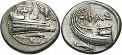 Lycia, Phaselis. 4th century B.C. AR stater (23 mm, 10.30 g, 6 h). Prow of galley right, the fighting platform decorated with Pegasos flying right; to right, owl flying upward to left; below, dolphin 