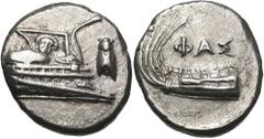 Lycia, Phaselis. 4th century B.C. AR stater (21 mm, 10.40 g, 1 h). Prow of galley right, the fighting platform decorated with a facing gorgoneion; to right, cicada upward / ΦΑΣ, stern of galley left. 