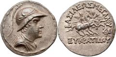 Baktrian Kingdom. Eukratides I. Ca. 171-145 B.C. AR tetradrachm (32 mm, 17.00 g, 11 h). Diademed, helmeted and draped bust of Eukratides I right, helmet decorated with ear and horn of a bull / ΒΑΣΙΛΕΩ