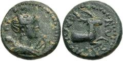 Lydia, Hierocaesarea. Pseudo-autonomous issue. 1st-3rd centuries A.D. Æ (15 mm, 3.39 g, 12 h). Draped bust of Artemis right, quiver at shoulder; bow and arrow before / IЄPOKAICAPЄ-ΩΝ, forepart of stag