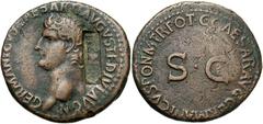 Germanicus. Died A.D. 19. Æ as (27 mm, 10.57 g, 7 h). Rome, under Gaius Caligula, A.D. 37/8. GERMANICVS CAESAR TI AVGVST F DIVI AVG N, bare head of Germanicus left; c/m: TI·CÆ(?) IMP(?) in rectangular