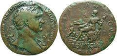 Trajan. A.D. 98-117. Æ sestertius (30 mm, 18.17 g, 6 h). Rome, A.D. 112-114. IMP C[AES] NERVAE TRAIANO AVG [GER DAC P] M TR P COS VI P P, laureate bust of Trajan right, wearing aegis / [DACIA] AV-GVS[