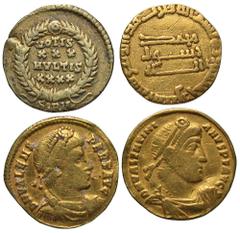 [Roman Imperial & Islamic]. Lot of four AV and AV-plated coins. Includes: Constantius II. AR siliqua (gold plated) // Valentinian I. AV solidus // Valens. AV solidus // Abbasid. AV dinar. All fine, th