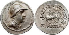 Baktrian Kingdom. Eukratides I. Ca. 171-145 B.C. AR tetradrachm (33 mm, 16.85 g, 12 h). Diademed, helmeted and draped bust of Eukratides I right, helmet decorated with ear and horn of a bull / ΒΑΣΙΛΕΩ