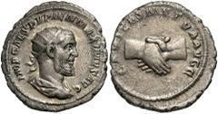Pupienus. A.D. 238. AR antoninianus (20 mm, 4.47 g, 12 h). Rome. IMP CAES PVPIEN MAXIMVS AVG, radiate, draped and cuirassed bust of Pupienus right / CARITAS MVTVA AVGG, clasped hands. RIC 10b; BMC 87-